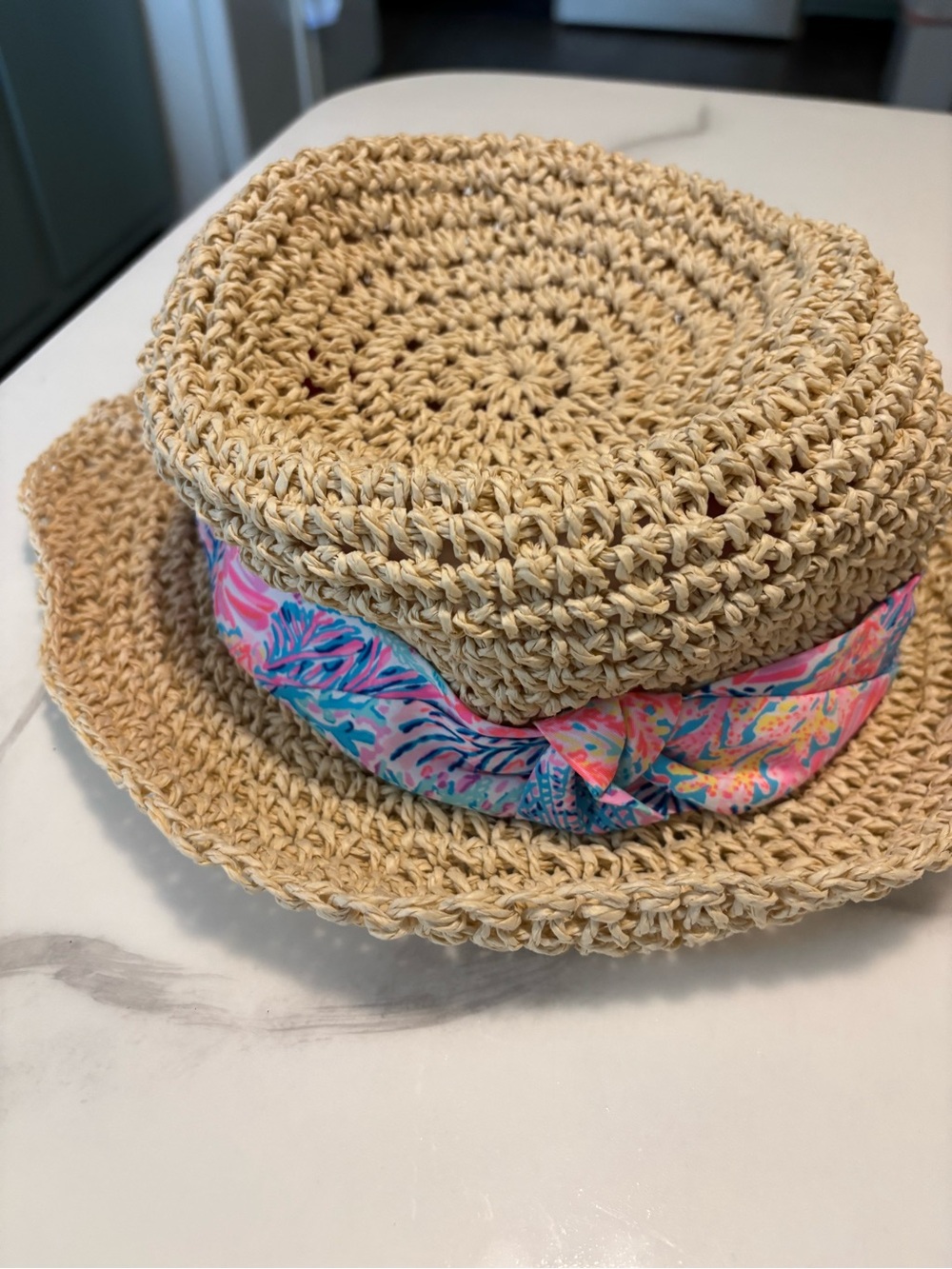 Lilly Pulitzer Straw Sun Hat Beige with Pink Blue Printed Band One Size